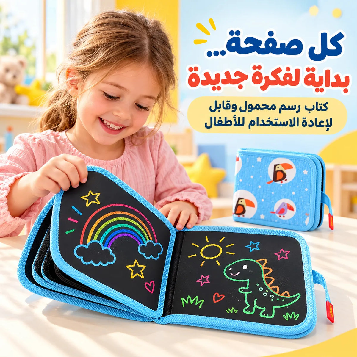 خلّي خيال طفلك ينطلق بلا حدود… كتاب واحد يرسم بيه، يمسحه، ويرجع يبدع بكل مكان!