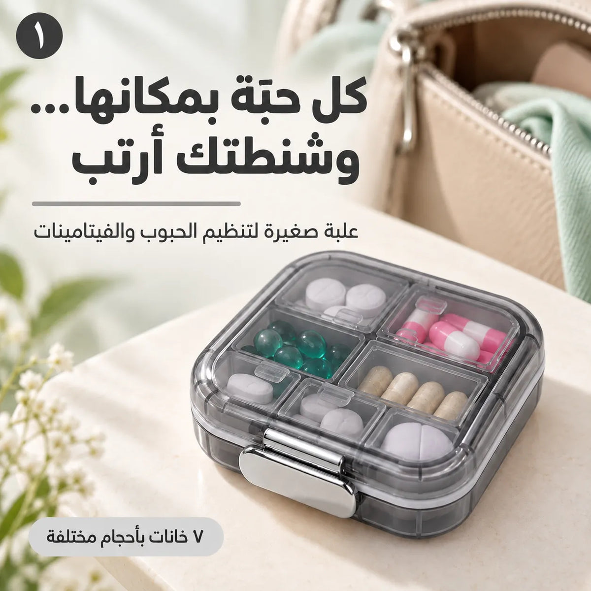 كافي تدوّر بين العلب! رتّب حبوبك وفيتاميناتك بـ٧ خانات، وخلّي كل حبّة بمكانها وين ما تروح