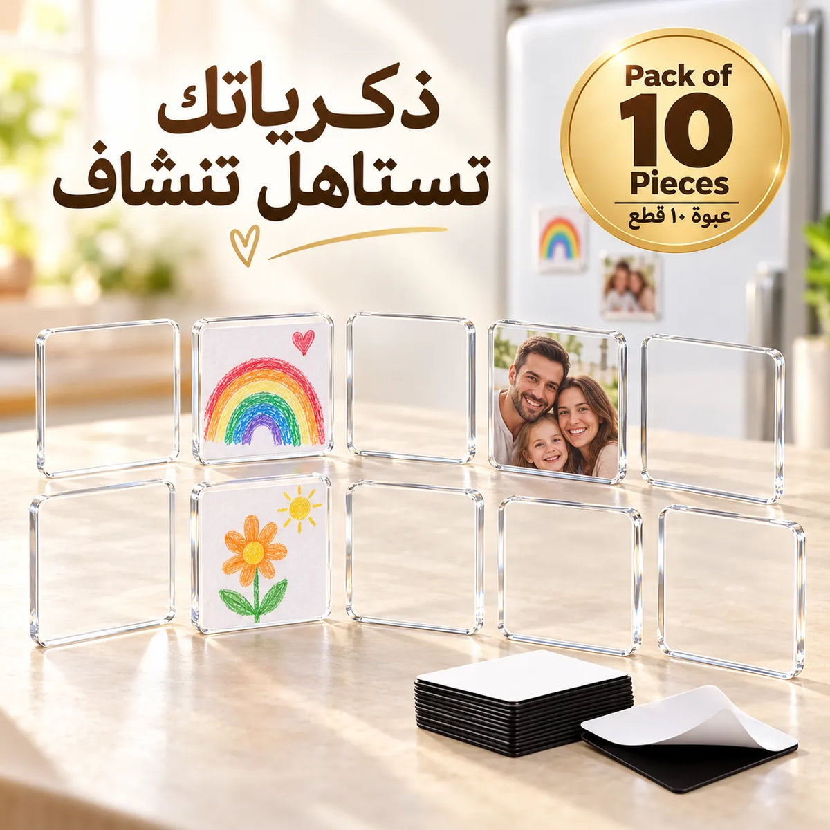 حوّل ثلاجتك لأغلى معرض ذكريات ببيتك — ١٠ قطع مغناطيسية تخلي صور أحبابك ورسومات أطفالك گدام عينك، وتردّلك أحلى شعور كل يوم!